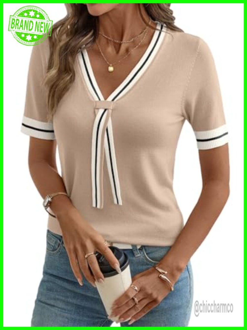 Lightweight Knit Top Short Sleeve V-Neck Tunic Pullover Casual
